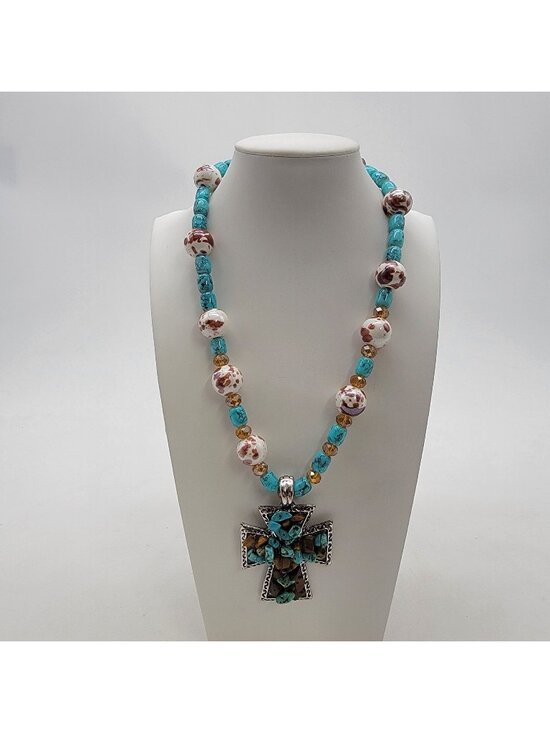 Jewelry - Artisan Turquoise Gemstone Cross Pendant With Faux Turquoise Glass & Pottery